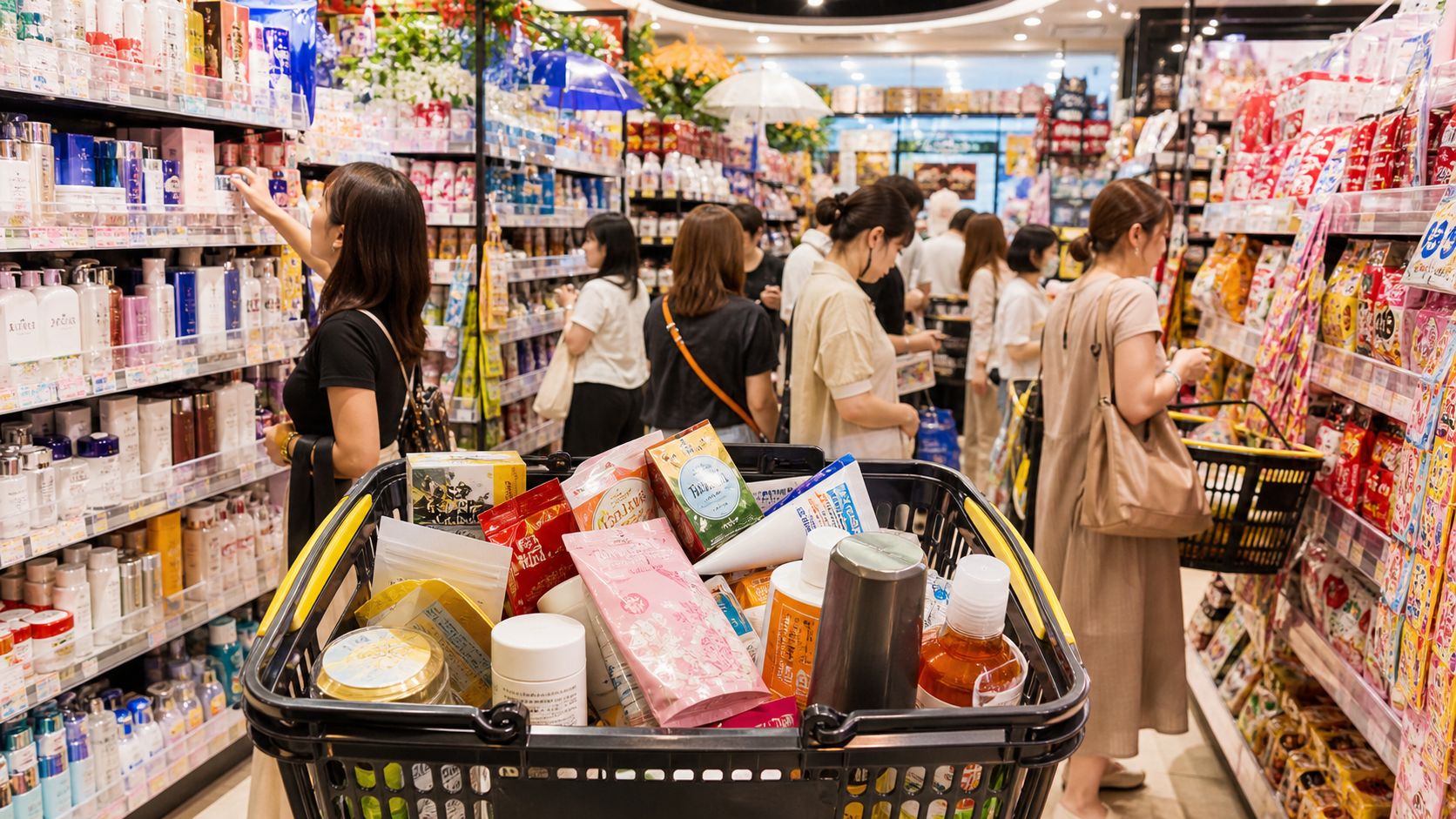 Crowded Japanese retail shelves showing consumer market scale